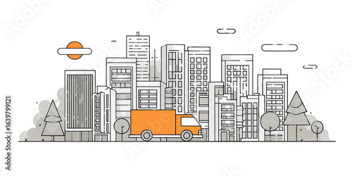 Cityscape with delivery truck. Line art illustration of a modern city with a delivery truck navigating through the urban landscape.  Simple, flat design style with buildings, trees, and a clear sky