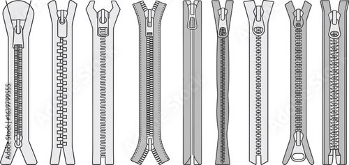 Zipper collection CAD drawing, flat vector illustration, clothing accessory design, different zipper types, detailed outline sketch, fashion garment fastening element