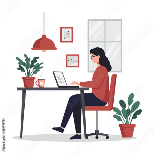 An illustration of a woman sitting at a home office desk, working on her laptop in a cozy environment.