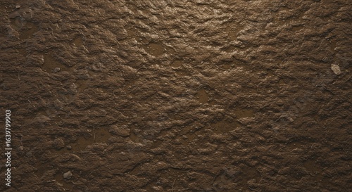 Closeup of wet textured mud with small stones and twigs