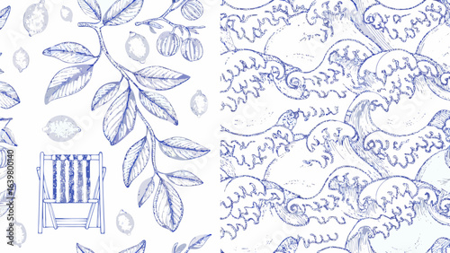 Illustration with lemons, leaves, beach chair, and ocean waves in blue and white seamless pattern design silhouette