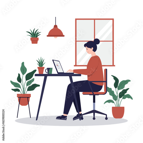 An illustration of a woman working at a home office desk, with potted plants creating a pleasant atmosphere.