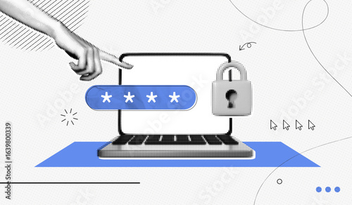 Trendy Halftone Collage with Human Hand holding Pin Code on Screen Computer Laptop. Locked padlock with password. Protecting your personal data online. Contemporary vector illustration art