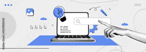Trendy Halftone Collage Web design and development. Content creator. Computer laptop with search bar, lightbulb and pencil. Social media and ui designer. Contemporary vector illustration art