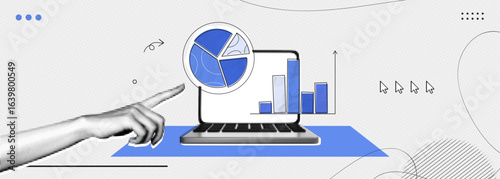 Trendy Halftone Collage Computer laptop with financial analytics. Pieces of pie chart. Business data and market share concept. Finance graph. Investment strategy. Contemporary vector illustration art