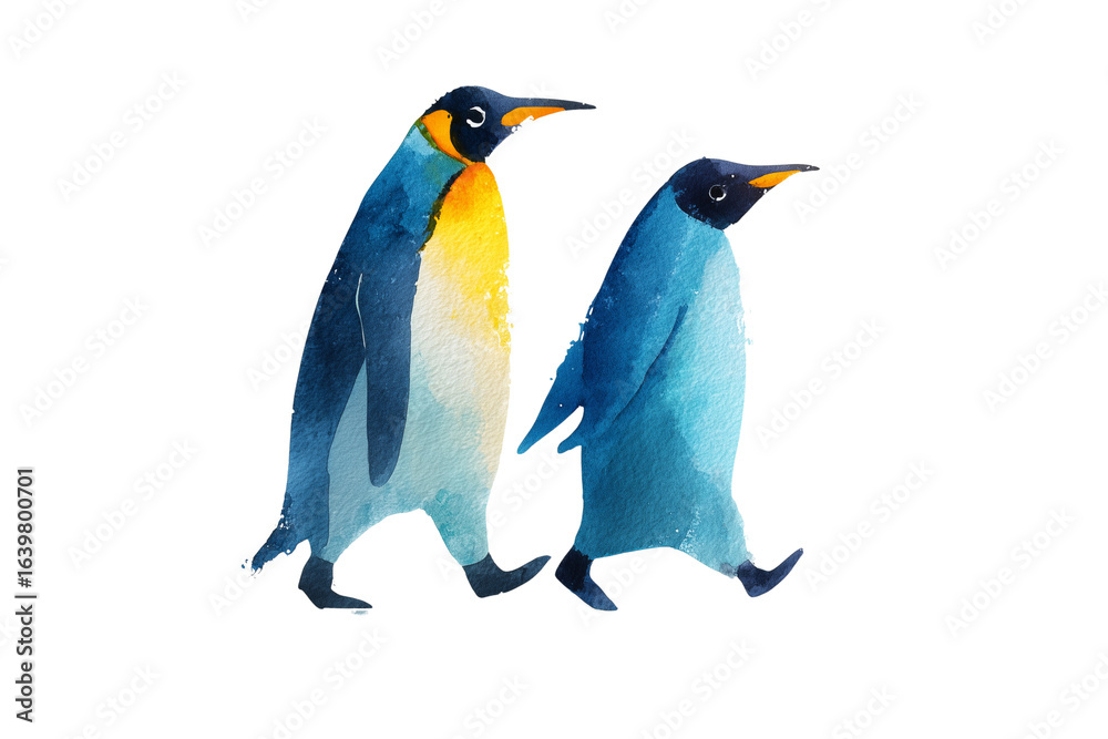 Obraz premium Two king penguins walking together against a stark black background showcasing their majestic plumage