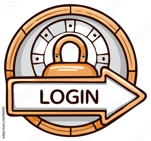 Cartoon Login Button with Padlock and Safe Dial Vector Illustration