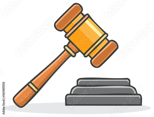 Cartoon gavel with sound block for justice, legal procedures and court decisions