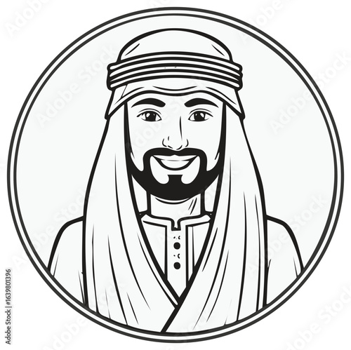 Illustration of Smiling Middle Eastern Man Wearing Traditional Headdress and Robe with a Round Outline Frame