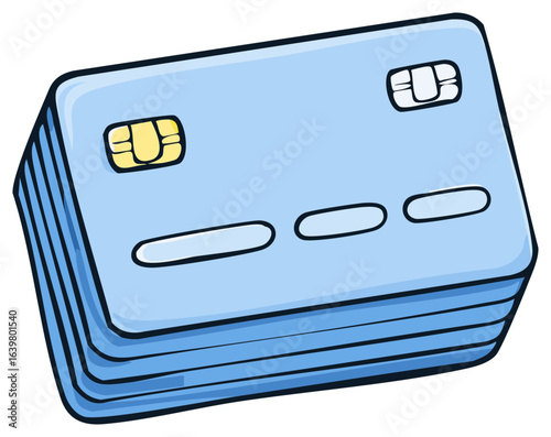Stack of Blue Credit Cards with Chips Cartoon Style for Bank Finance Concept