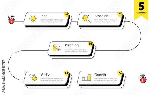 Timeline Creator infographic template. 5 Step timeline journey, calendar Flat simple infographics design template. presentation graph. Business concept with 5 options, gantt vector illustration.