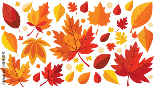 Colorful autumn leaves scattered on a clean white background, showcasing vibrant reds, oranges, and yellows..eps