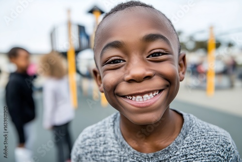 Close-up of a smiling boy at a playground during recess with friends in the blurred background, symbolizing childhood joy, friendship, and outdoor play