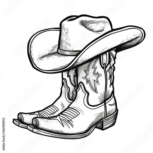 A monochrome drawing of a cowboy hat and boots