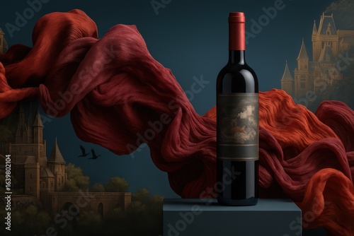 Elegant wine bottle with vibrant fabric swirls against a classic backdrop