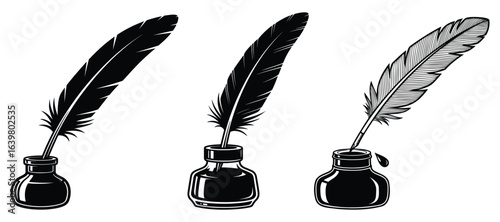 Classic Quill Pen and Ink Bottle Vector Illustrations for Writing Themes