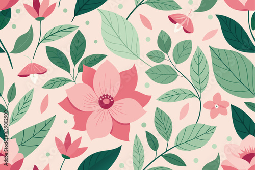 Seamless pink floral pattern with rose, leaves, and branches for textile design and wallpaper