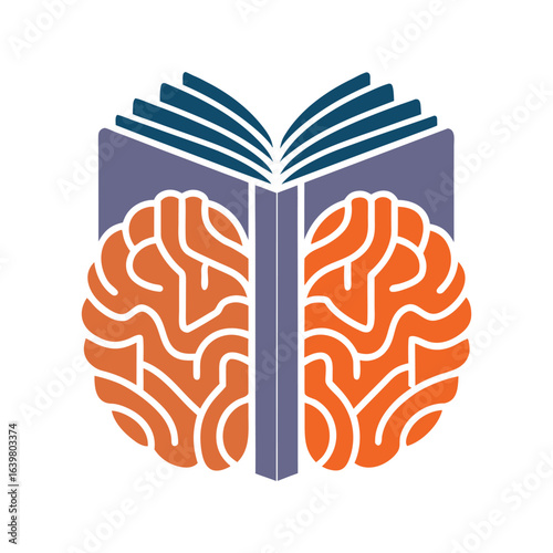 Open book with brain shape formed by orange and white lines and purple cover mind knowledge