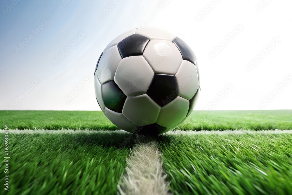 Obraz premium Classic soccer ball on the green grass field line before a match