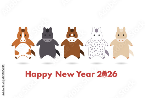 2026年年賀状イラスト（いろんな種類のかわいい馬たち）