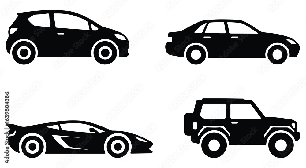 Fototapeta premium Modern Car Silhouettes Including Sedan SUV and Sports Vehicle Icons