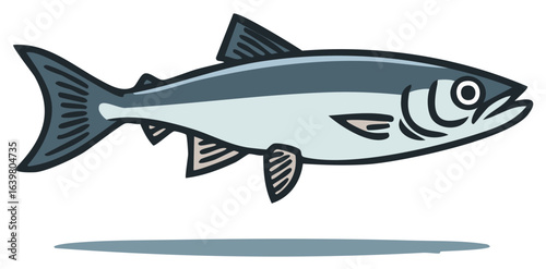 Stylized illustration of a blue and silver fish swimming