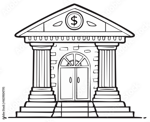Cartoon illustration of a classic bank building with columns and a dollar sign. Black and white line art of a financial institution.