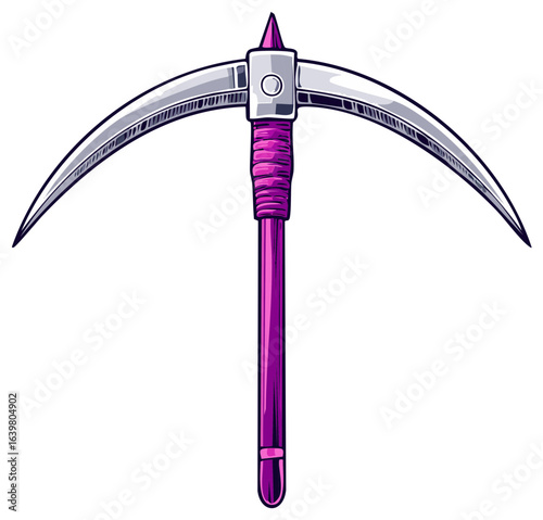Fantasy Double Bladed Pickaxe Weapon - Silver Blades and Purple Handle Illustration