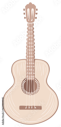 Classic wooden acoustic guitar stands ready for playing music song melodies instrument illustration icon graphics