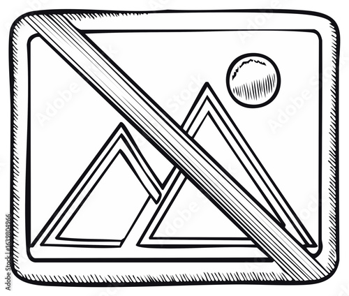 Sketch of no image available icon, mountain landscape with sun in frame, vector illustration