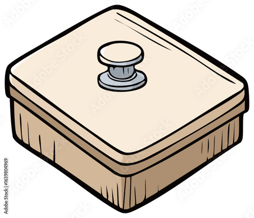 Square lidded box with round handle, a storage container, illustration for storing items, beige and gray tone