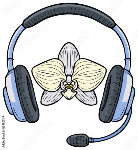 Blue headset with microphone combined with an elegant white and yellow orchid illustration