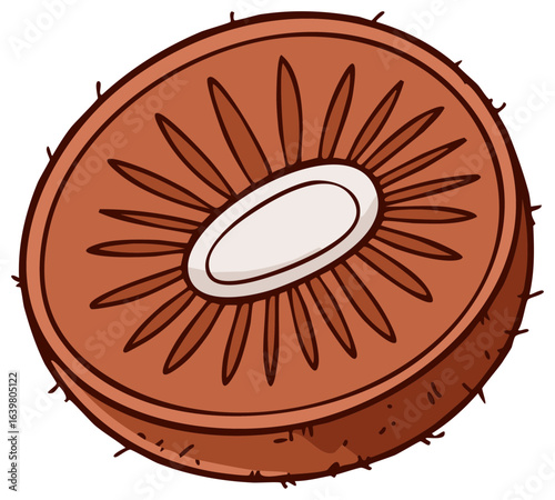 Cartoon style brown kiwi fruit half illustration depicting inner sections, seeds, and distinctive fuzzy texture.