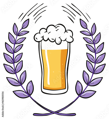 Refreshing beer glass with frothy head in a vibrant purple leaf wreath illustration