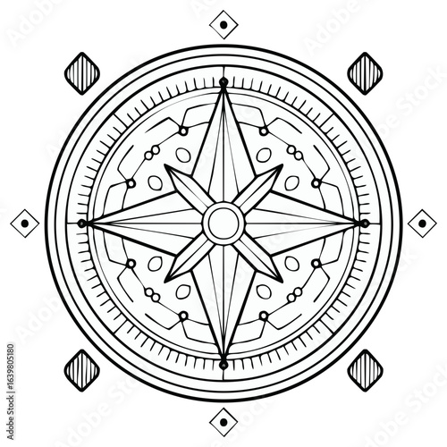Detailed Line Art Compass Rose with Decorative Elements for Navigation and Exploration Themes