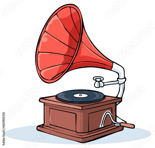 Illustration of a Retro Gramophone with Vinyl Record, Red Horn, and Hand Crank for Playing Music