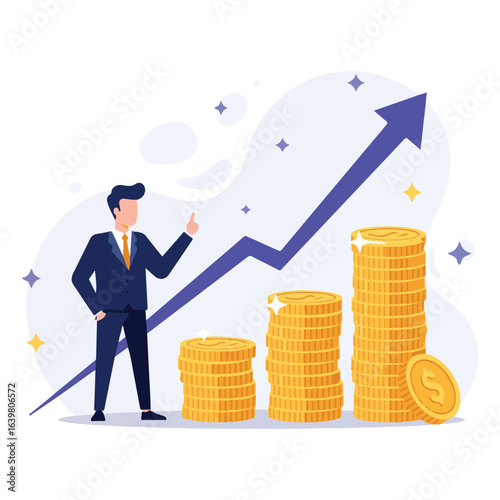 An illustration of a businessman celebrating financial success with a growing graph and stacks of coins.