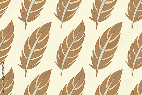 Seamless vintage vector pattern featuring various hand-drawn feathers, leaves, and plumes
