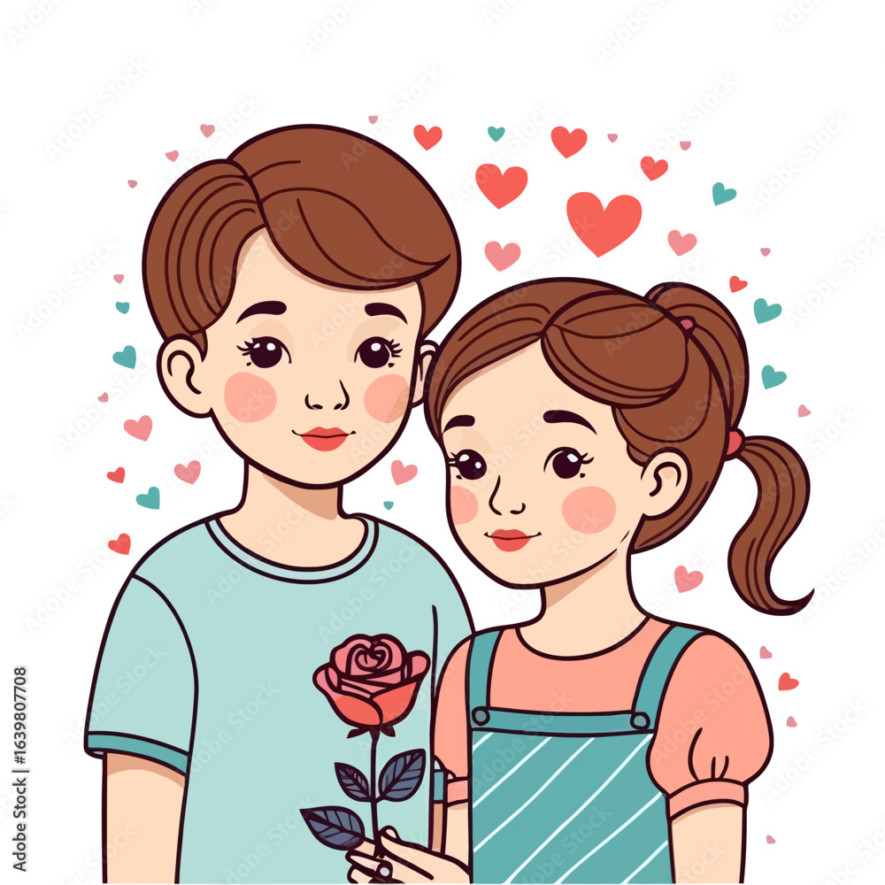 Cute cartoon couple with a rose isolated on a white background Cute cartoon couple with a rose isolated on a white background