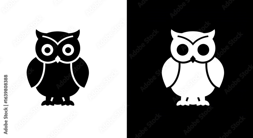 Two simple black and white owl silhouettes, contrasting backgrounds.
