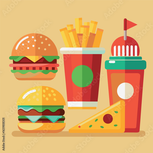 Illustrate a set of realistic fast-food icons—burger, fries, soda, pizza slice—with appealing shading and vibrant colors for menus or food apps.