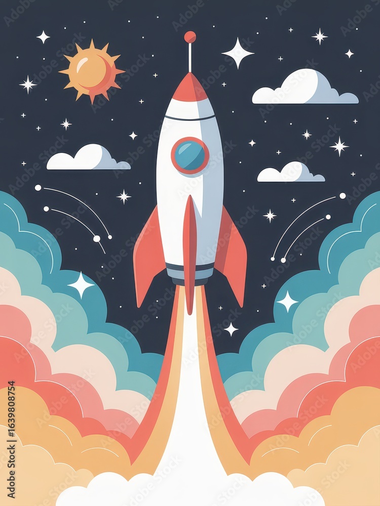 Fototapeta premium Colorful Rocket Launch in Night Sky