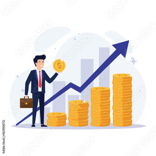 An illustration of a businessman and a rising graph, symbolizing excellent financial performance and business success.
