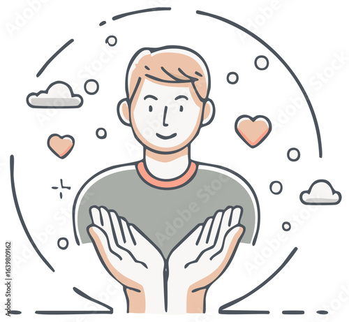Cartoon illustration of a man presenting an offer of love, clouds, and possibilities with open hands