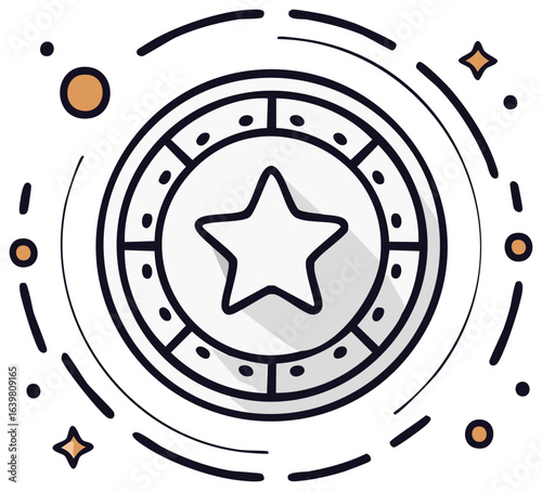 Hand-drawn star emblem in decorative circular cosmic frame with stylized shapes and dots, representing achievement, rewards, or cosmic concepts
