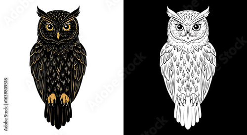 Illustration of two owls, one in color with intricate details and the other in black and white line art.