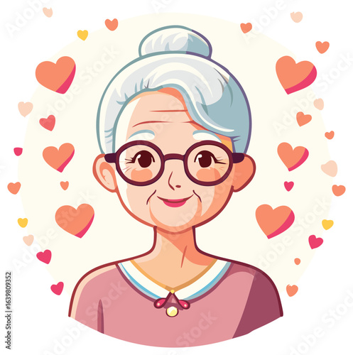 Cute illustration of a happy grandmother with glasses and gray hair, surrounded by loving hearts. Senior woman portrait.