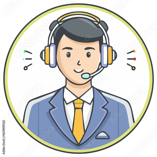 Smiling customer service representative with headset inside of a circle