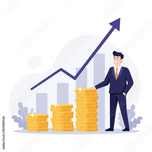 An illustration of a businessman standing between two growing graphs, representing financial prosperity and success.