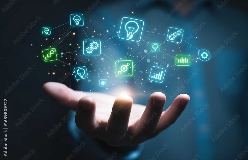 Fototapeta premium Hand holding glowing digital icons representing innovation and technology